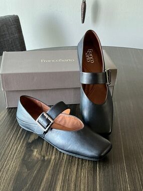 Franco Sarto Black Leather Buckle Slip-On Ballet Flats